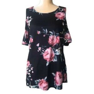 Floral Cold Shoulder Black and Pink Flowy Blouse 🟡